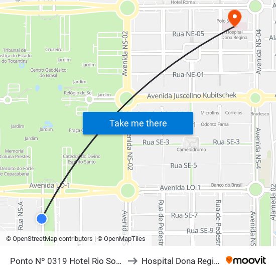 Ponto Nº 0319 Hotel Rio Sono to Hospital Dona Regina map