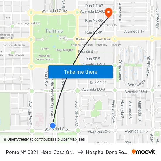 Ponto Nº 0321 Hotel Casa Grande to Hospital Dona Regina map