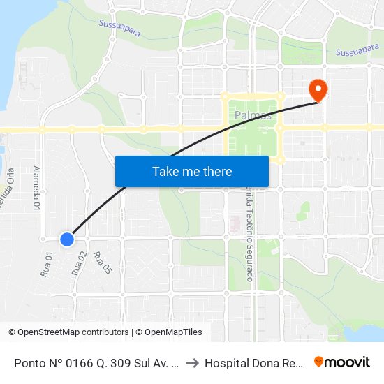 Ponto Nº 0166 Q. 309 Sul Av. Lo 5 to Hospital Dona Regina map
