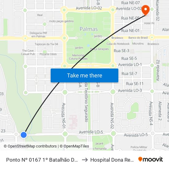 Ponto Nº 0167 1º Batalhão Da PM to Hospital Dona Regina map