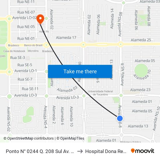 Ponto N° 0244 Q. 208 Sul Av. Ns 8 to Hospital Dona Regina map