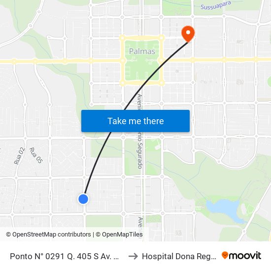 Ponto N° 0291 Q. 405 S Av. Ns 5 to Hospital Dona Regina map