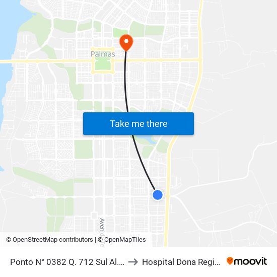 Ponto N° 0382 Q. 712 Sul Al. 1 to Hospital Dona Regina map