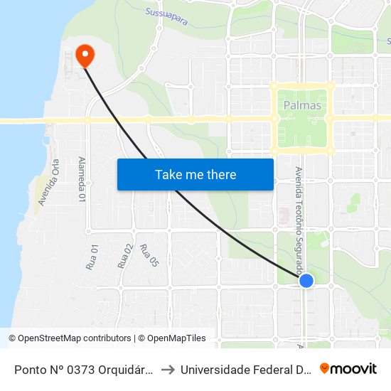 Ponto Nº 0373 Orquidário Municipal to Universidade Federal Do Tocantins map