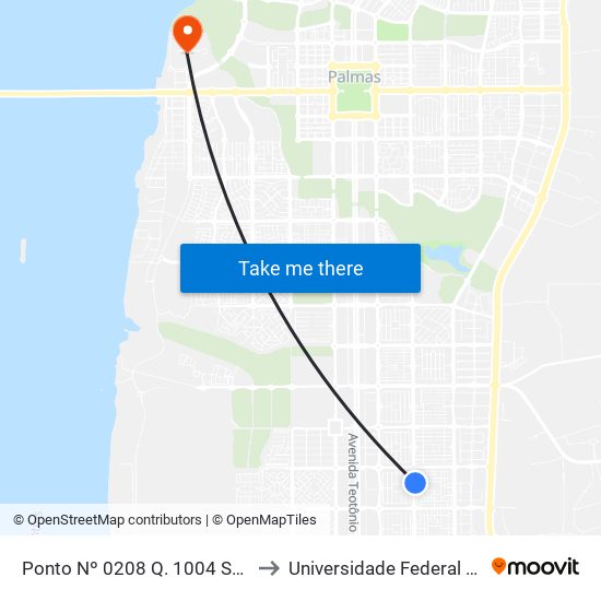 Ponto Nº 0208 Q. 1004 Sul Avenida Ns 4 to Universidade Federal Do Tocantins map