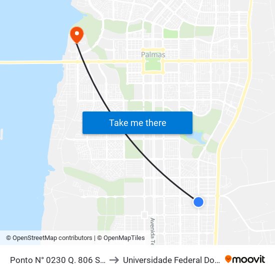 Ponto N° 0230 Q. 806 S Av. Ns 10 to Universidade Federal Do Tocantins map