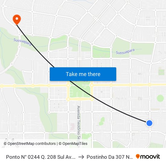Ponto N° 0244 Q. 208 Sul Av. Ns 8 to Postinho Da 307 Norte map
