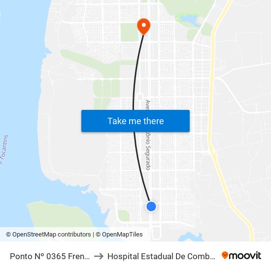 Ponto Nº 0365 Frente P/ Complexo Ulbra to Hospital Estadual De Combate Ao Covid-19 - Palmas - T0 map