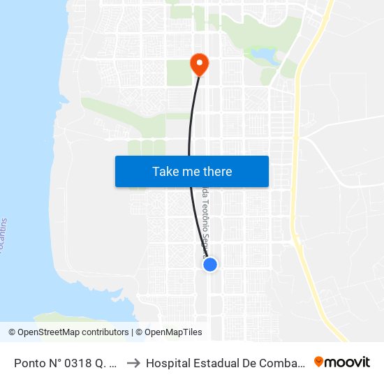 Ponto N° 0318 Q. 1201 S Av. Teotônio to Hospital Estadual De Combate Ao Covid-19 - Palmas - T0 map