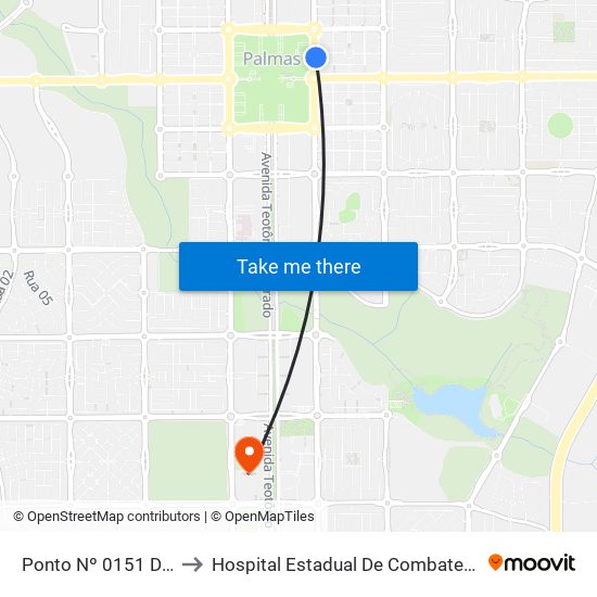 Ponto Nº 0151 Drogaria Unicom to Hospital Estadual De Combate Ao Covid-19 - Palmas - T0 map