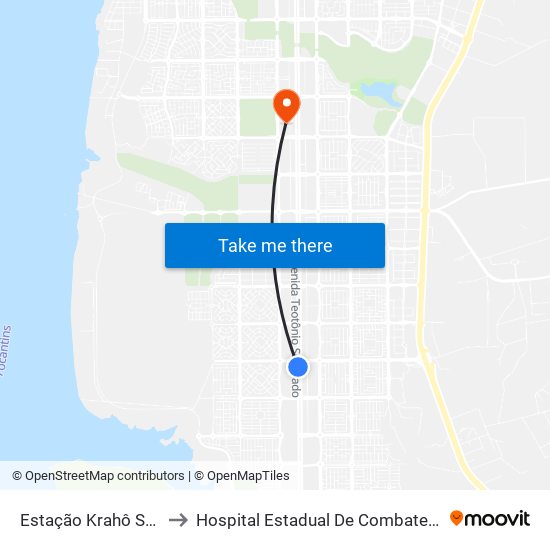 Estação Krahô Sentido Norte-Sul to Hospital Estadual De Combate Ao Covid-19 - Palmas - T0 map