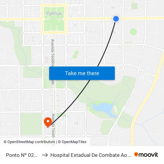 Ponto Nº 0223 Ulbra Jk to Hospital Estadual De Combate Ao Covid-19 - Palmas - T0 map