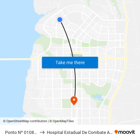 Ponto Nº 0108 Q. 409 Norte to Hospital Estadual De Combate Ao Covid-19 - Palmas - T0 map