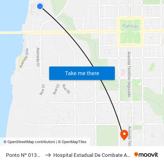 Ponto Nº 0133 Bloco 4 Uft to Hospital Estadual De Combate Ao Covid-19 - Palmas - T0 map