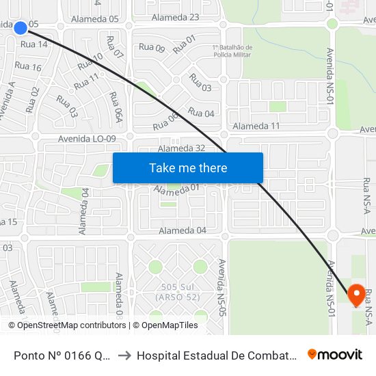 Ponto Nº 0166 Q. 309 Sul Av. Lo 5 to Hospital Estadual De Combate Ao Covid-19 - Palmas - T0 map