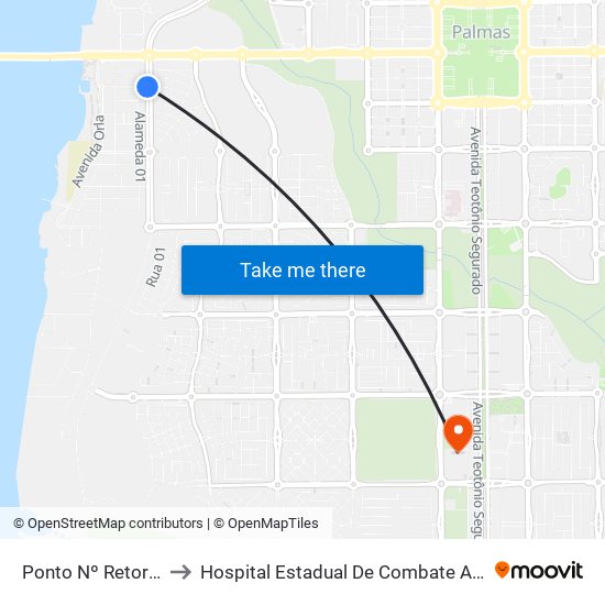 Ponto Nº Retorno Linha 100 to Hospital Estadual De Combate Ao Covid-19 - Palmas - T0 map