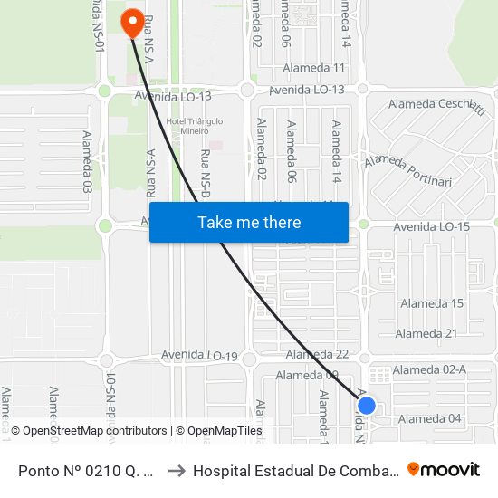 Ponto Nº 0210 Q. 806 Sul Avenida Ns 4 to Hospital Estadual De Combate Ao Covid-19 - Palmas - T0 map