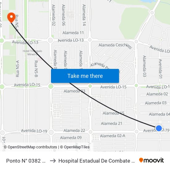 Ponto N° 0382 Q. 712 Sul Al. 1 to Hospital Estadual De Combate Ao Covid-19 - Palmas - T0 map