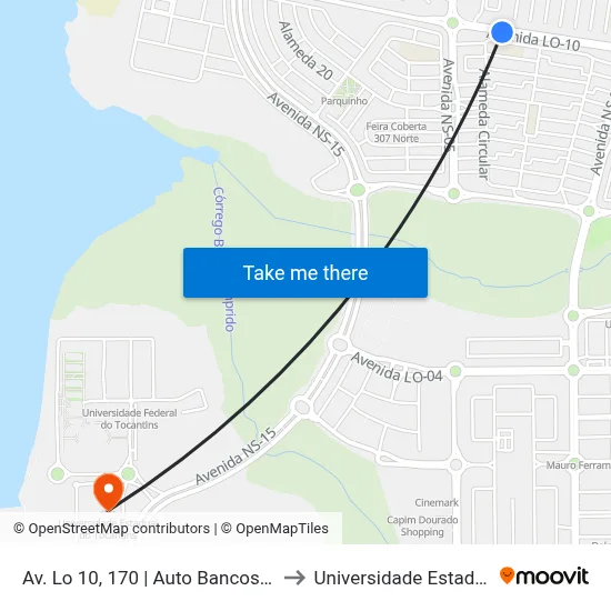 Av. Lo 10, 170 | Auto Bancos Tapeçaria, Q305 Norte to Universidade Estadual Do Tocantins map
