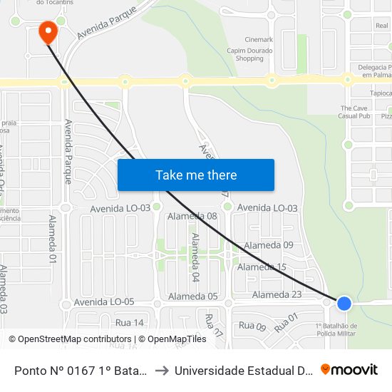 Ponto Nº 0167 1º Batalhão Da PM to Universidade Estadual Do Tocantins map
