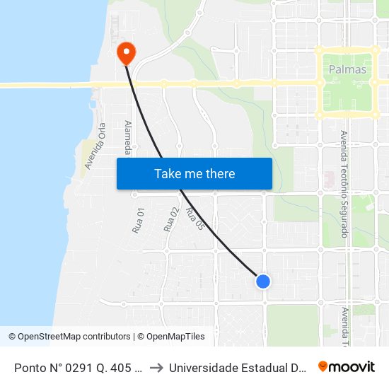 Ponto N° 0291 Q. 405 S Av. Ns 5 to Universidade Estadual Do Tocantins map
