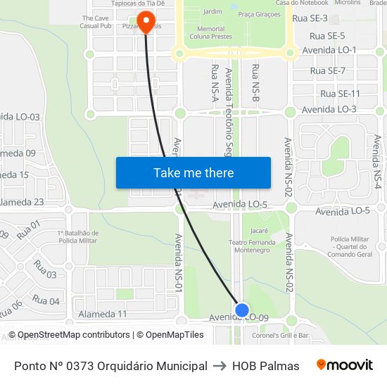 Ponto Nº 0373 Orquidário Municipal to HOB Palmas map