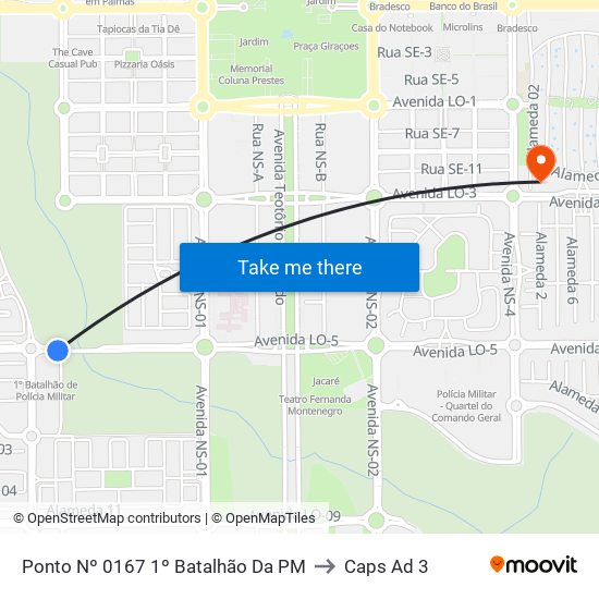 Ponto Nº 0167 1º Batalhão Da PM to Caps Ad 3 map
