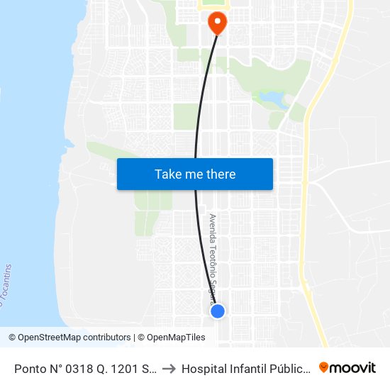 Ponto N° 0318 Q. 1201 S Av. Teotônio to Hospital Infantil Público de Palmas map