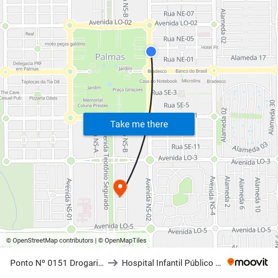 Ponto Nº 0151 Drogaria Unicom to Hospital Infantil Público de Palmas map