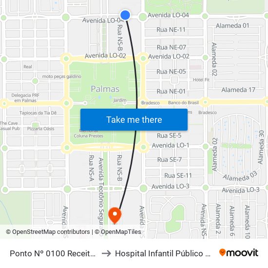 Ponto Nº 0100 Receita Federal to Hospital Infantil Público de Palmas map