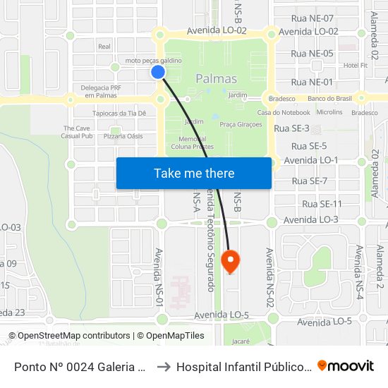 Ponto Nº 0024 Galeria Bela Palmas to Hospital Infantil Público de Palmas map