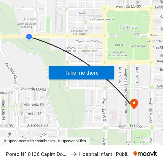 Ponto Nº 0136 Capim Dourando Shopping to Hospital Infantil Público de Palmas map