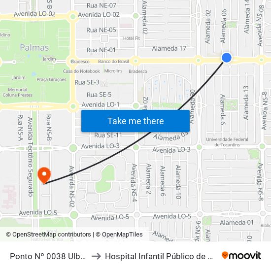 Ponto Nº 0038 Ulbra/Jk to Hospital Infantil Público de Palmas map