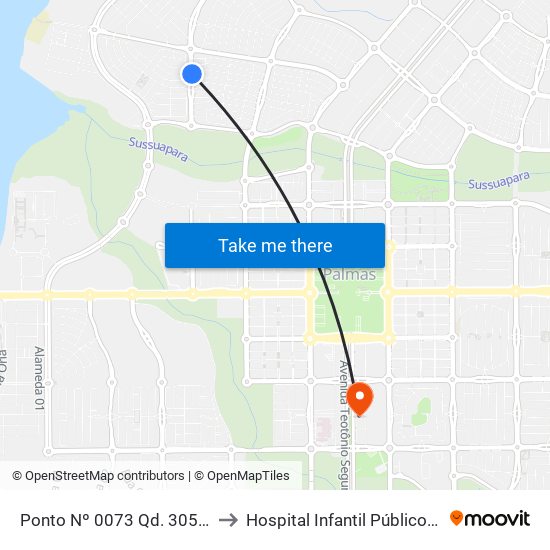 Ponto Nº 0073 Qd. 305 N Av. Ns 5 to Hospital Infantil Público de Palmas map