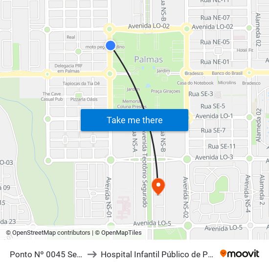 Ponto Nº 0045 Seplan to Hospital Infantil Público de Palmas map