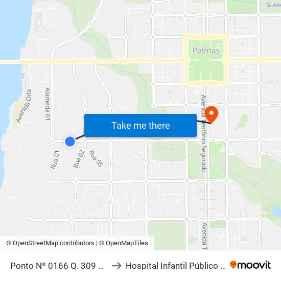 Ponto Nº 0166 Q. 309 Sul Av. Lo 5 to Hospital Infantil Público de Palmas map