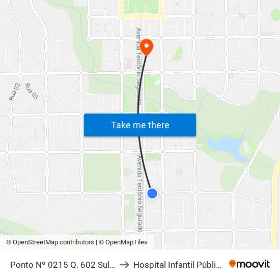 Ponto Nº 0215 Q. 602 Sul Avenida Lo 13 to Hospital Infantil Público de Palmas map