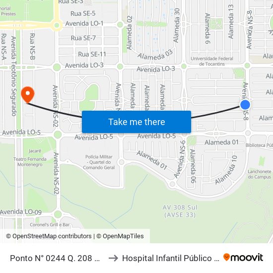 Ponto N° 0244 Q. 208 Sul Av. Ns 8 to Hospital Infantil Público de Palmas map