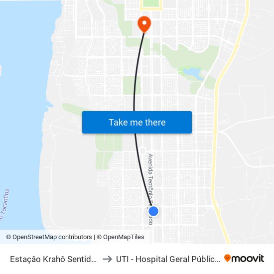 Estaçâo Krahô Sentido Sul-Norte to UTI - Hospital Geral Público de Palmas map