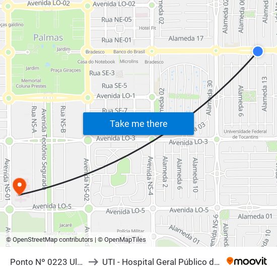 Ponto Nº 0223 Ulbra Jk to UTI - Hospital Geral Público de Palmas map