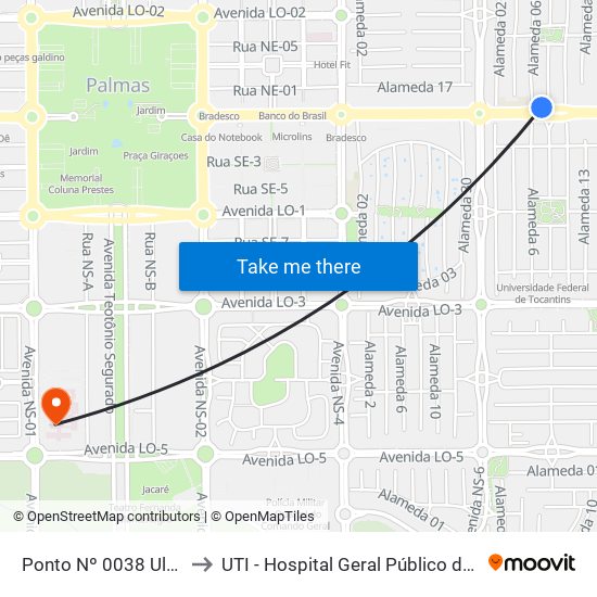 Ponto Nº 0038 Ulbra/Jk to UTI - Hospital Geral Público de Palmas map
