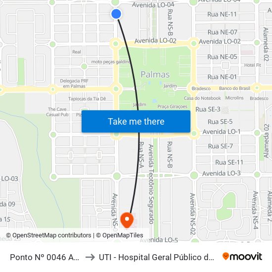 Av. Ns 01, 474 | Igreja Universal to UTI - Hospital Geral Público de Palmas map