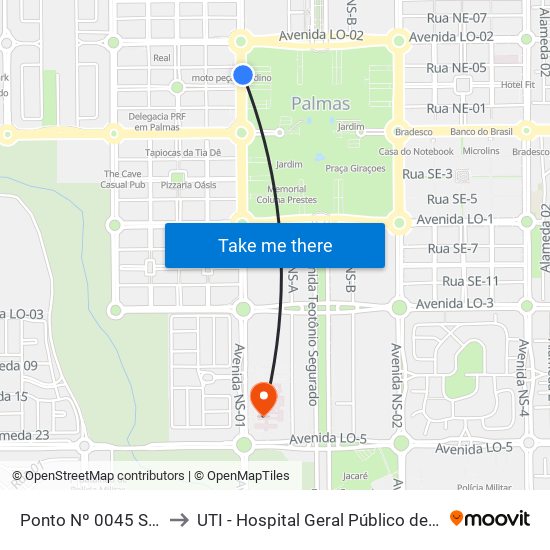 Ponto Nº 0045 Seplan to UTI - Hospital Geral Público de Palmas map