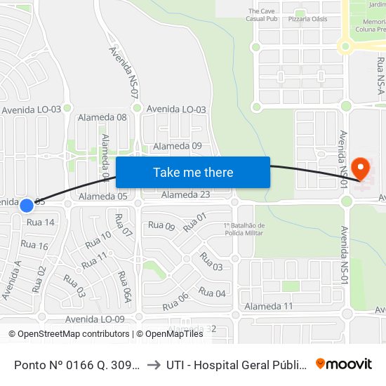 Ponto Nº 0166 Q. 309 Sul Av. Lo 5 to UTI - Hospital Geral Público de Palmas map