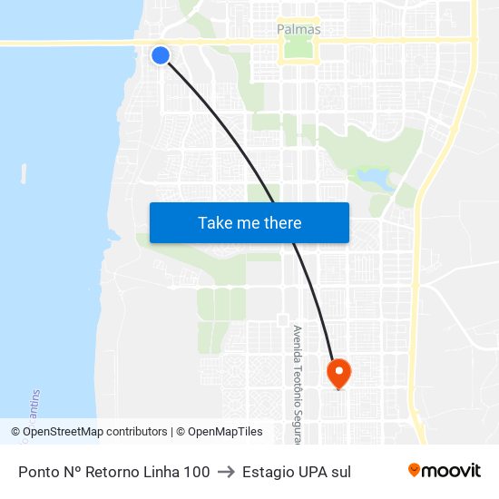 Ponto Nº Retorno Linha 100 to Estagio UPA sul map