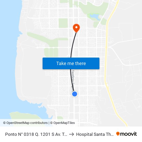 Ponto N° 0318 Q. 1201 S Av. Teotônio to Hospital Santa Thereza map