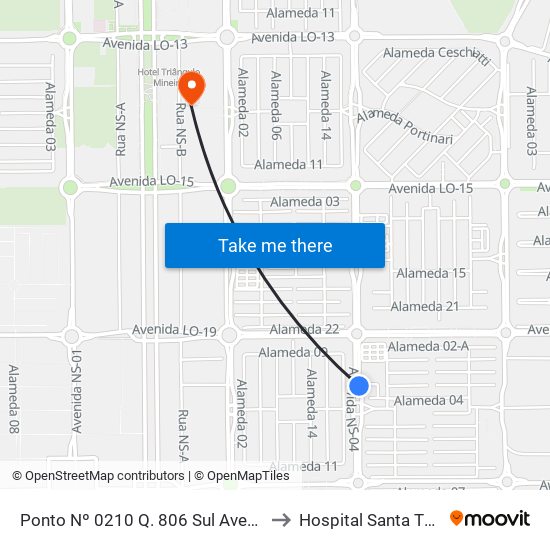 Ponto Nº 0210 Q. 806 Sul Avenida Ns 4 to Hospital Santa Thereza map