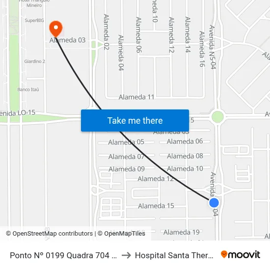 Ponto Nº 0199 Quadra 704 Sul to Hospital Santa Thereza map