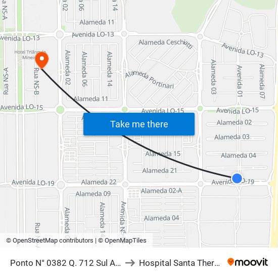 Ponto N° 0382 Q. 712 Sul Al. 1 to Hospital Santa Thereza map