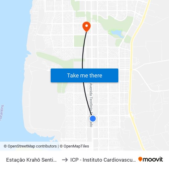Estaçâo Krahô Sentido Sul-Norte to ICP - Instituto Cardiovascular de Palmas map